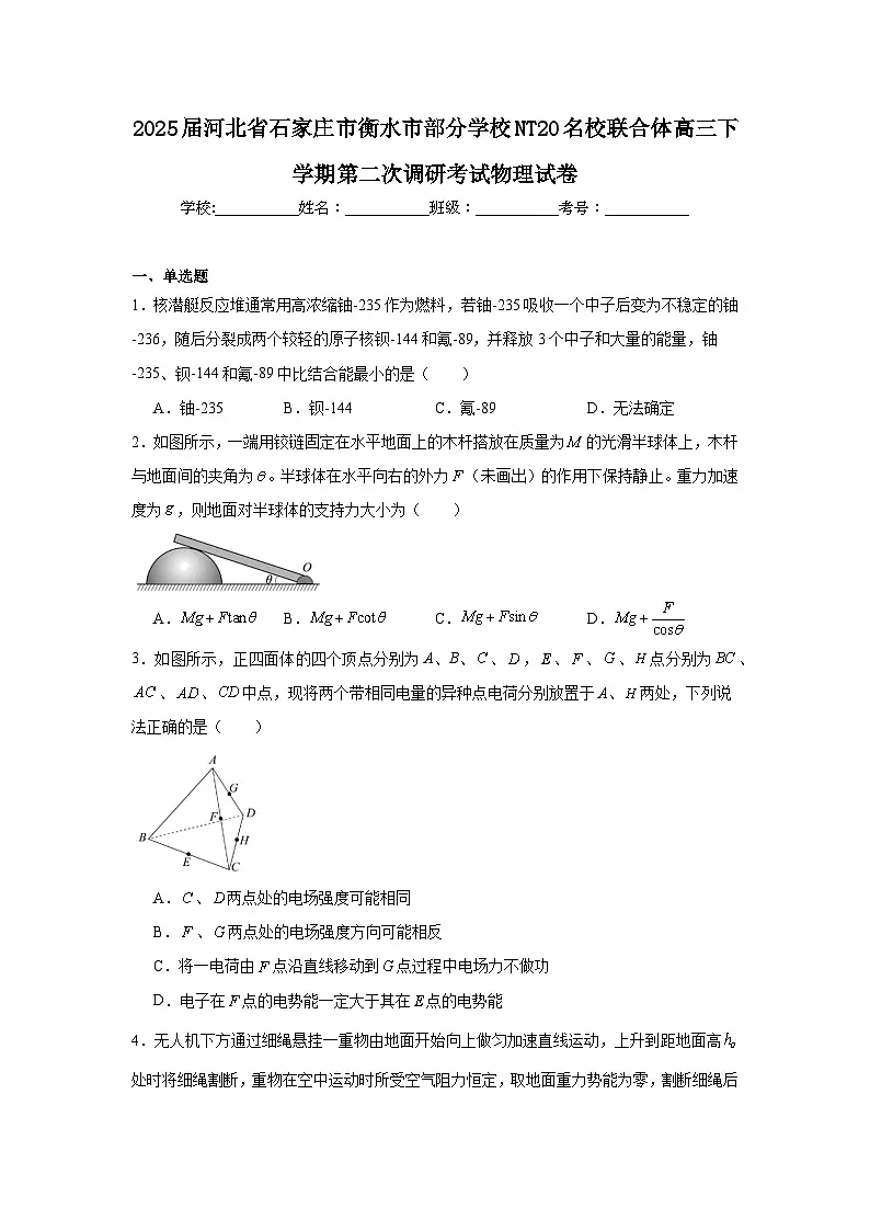 2025届河北省石家庄市衡水市部分学校NT20名校联合体高三下学期第二次调研考试物理试卷（附答案解析）第1页