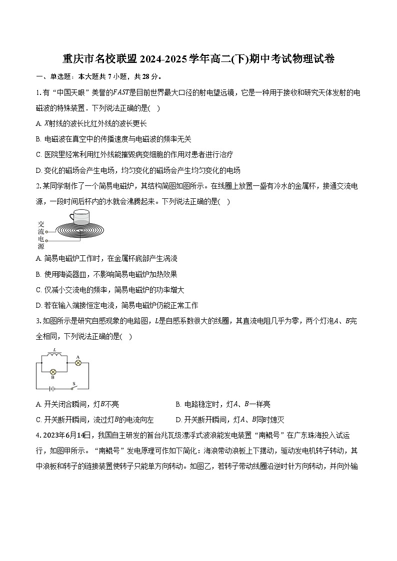 重庆市名校联盟2024-2025学年高二(下)期中考试物理试卷（含解析）第1页