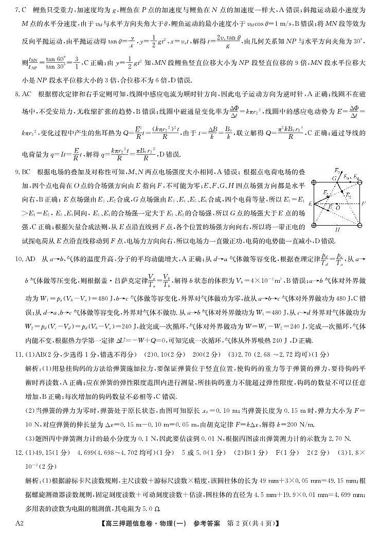 2025届高三押题信息卷（一）物理答案第2页