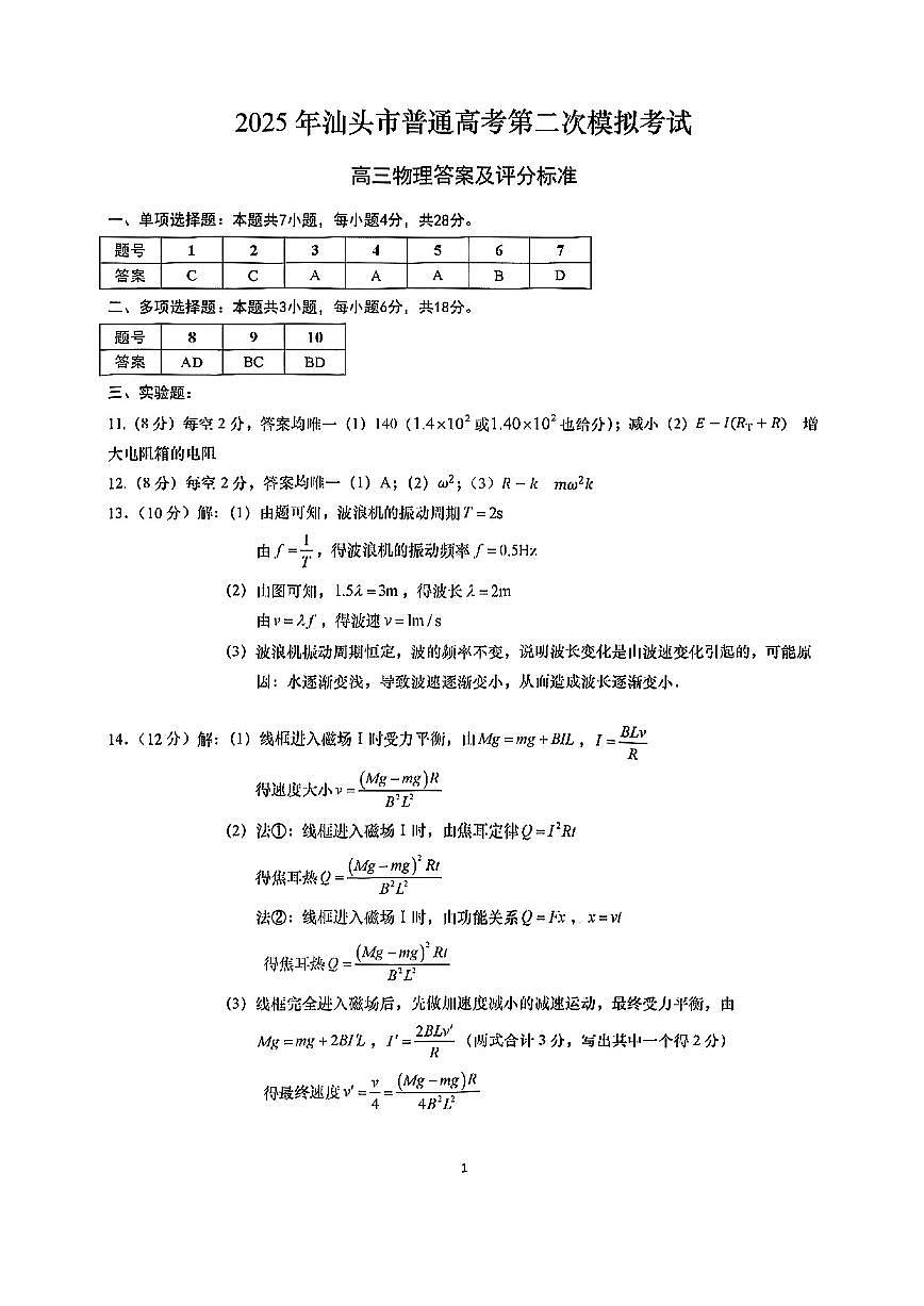 2025年汕头市高三二模-物理答案第1页