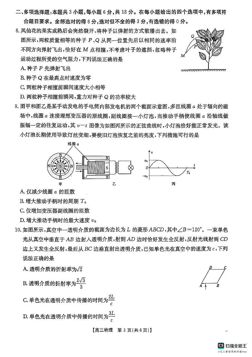 2025届陕西省安康市高三下学期第三次质量联考（三模）物理试卷（含答案）第3页