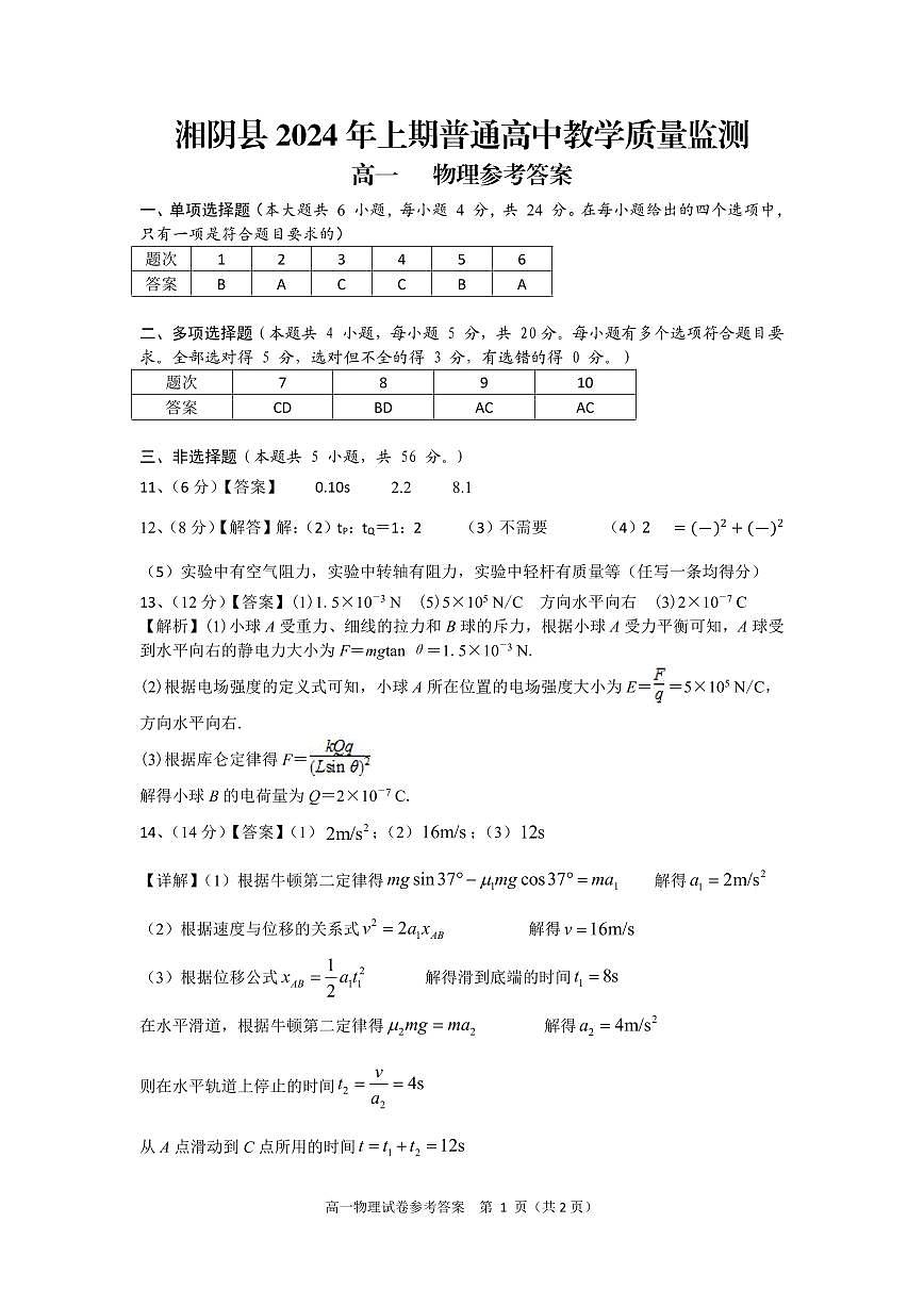 湘阴高一物理参考答案6.21第1页