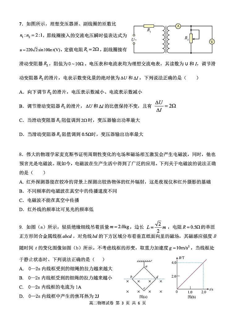 湖北省部分省级示范高中 2024～2025 学年下学期高二期中测试物理试卷第3页
