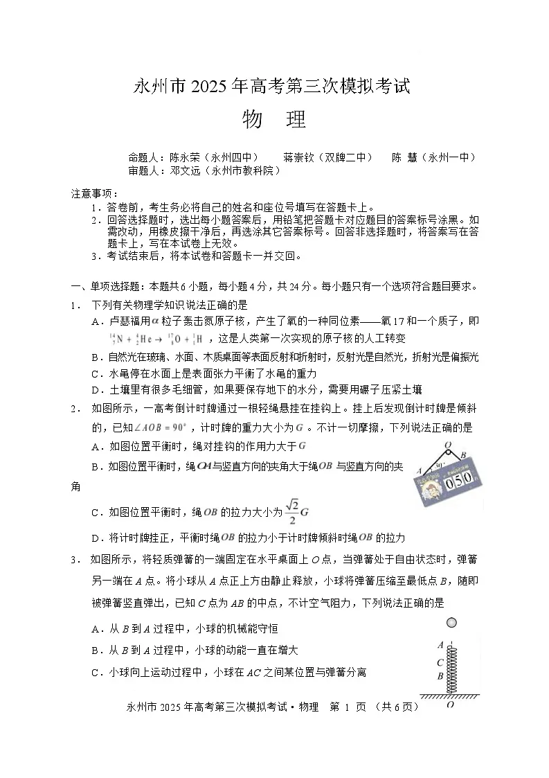 湖南省永州市2025届高三下学期三模物理试卷 含答案第1页