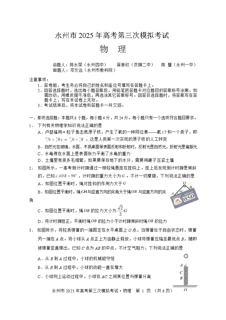 湖南省永州市2025届高三下学期三模物理试卷 含答案第1页