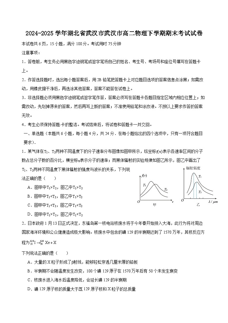 2024-2025学年湖北省武汉市武汉市高二物理下学期期末考试试卷第1页