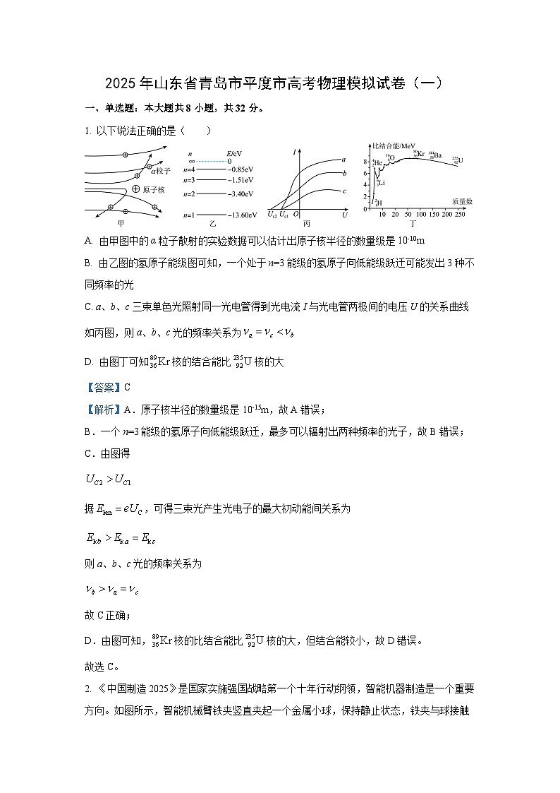 2025届山东省青岛市平度市高三下学期高考模拟检测（一）物理试卷（解析版）第1页