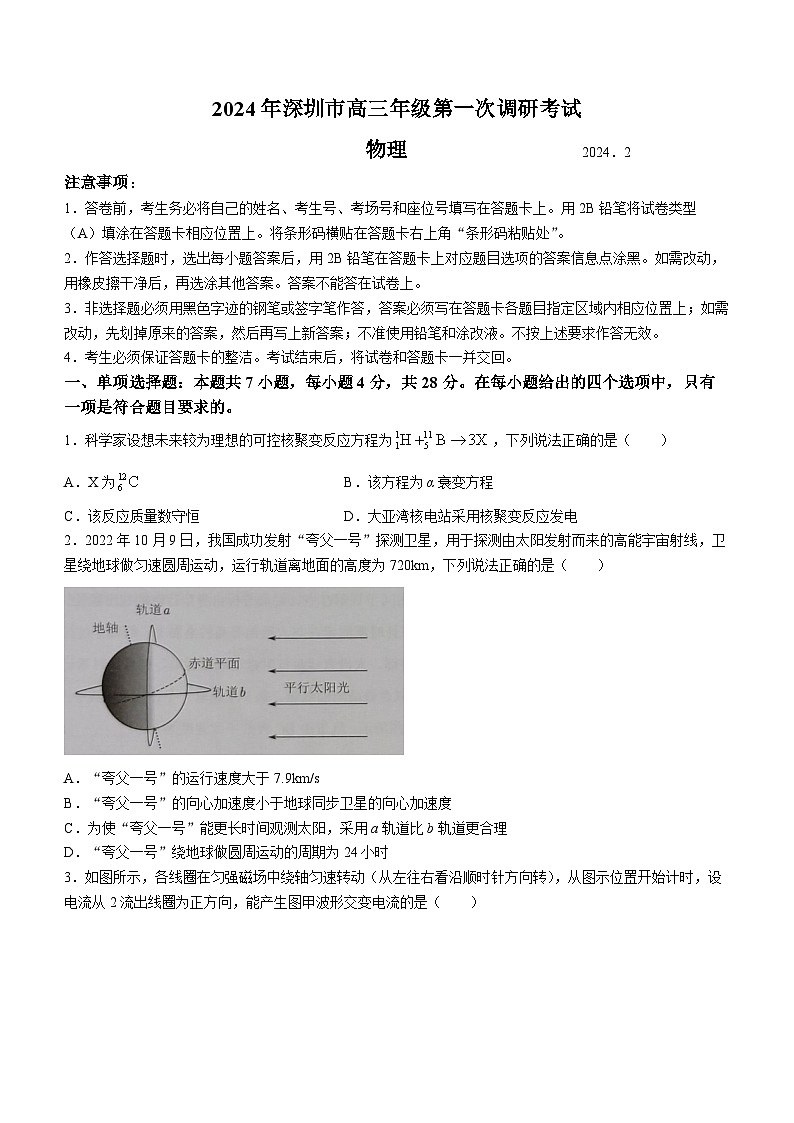 2024 年深圳市高三年级第一次调研考试物理试题（含答案）第1页