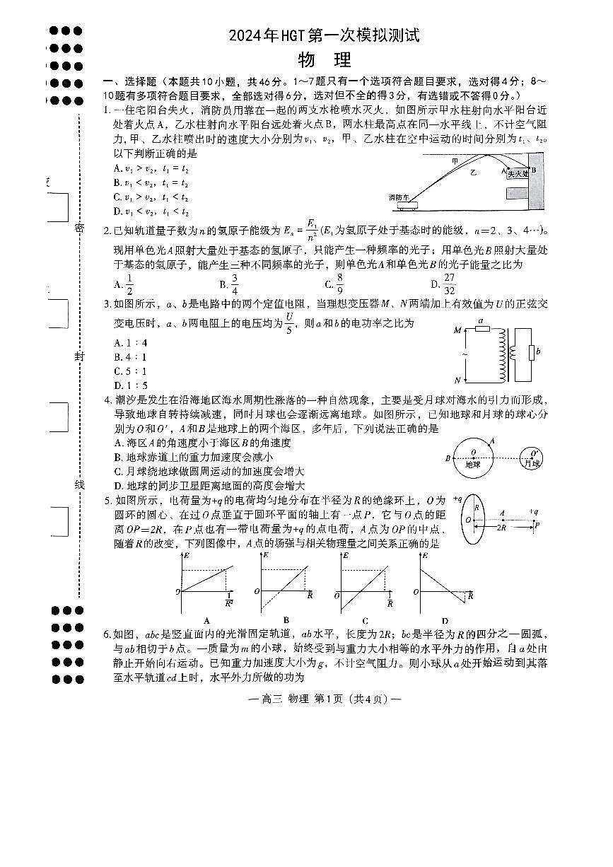 2024届江西省南昌市HGT高三第一次模拟考试-物理试卷（含答案）第1页