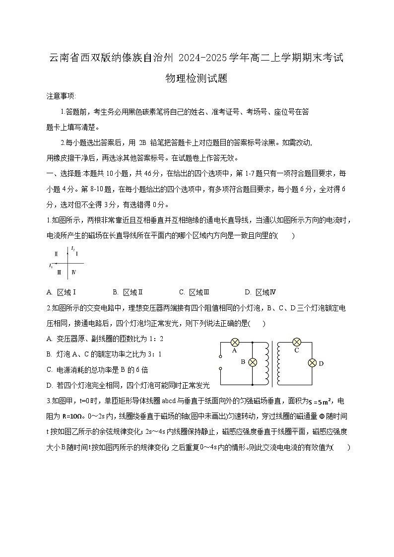 云南省西双版纳傣族自治州2024-2025学年高二上学期期末考试物理检测试题（附答案）第1页