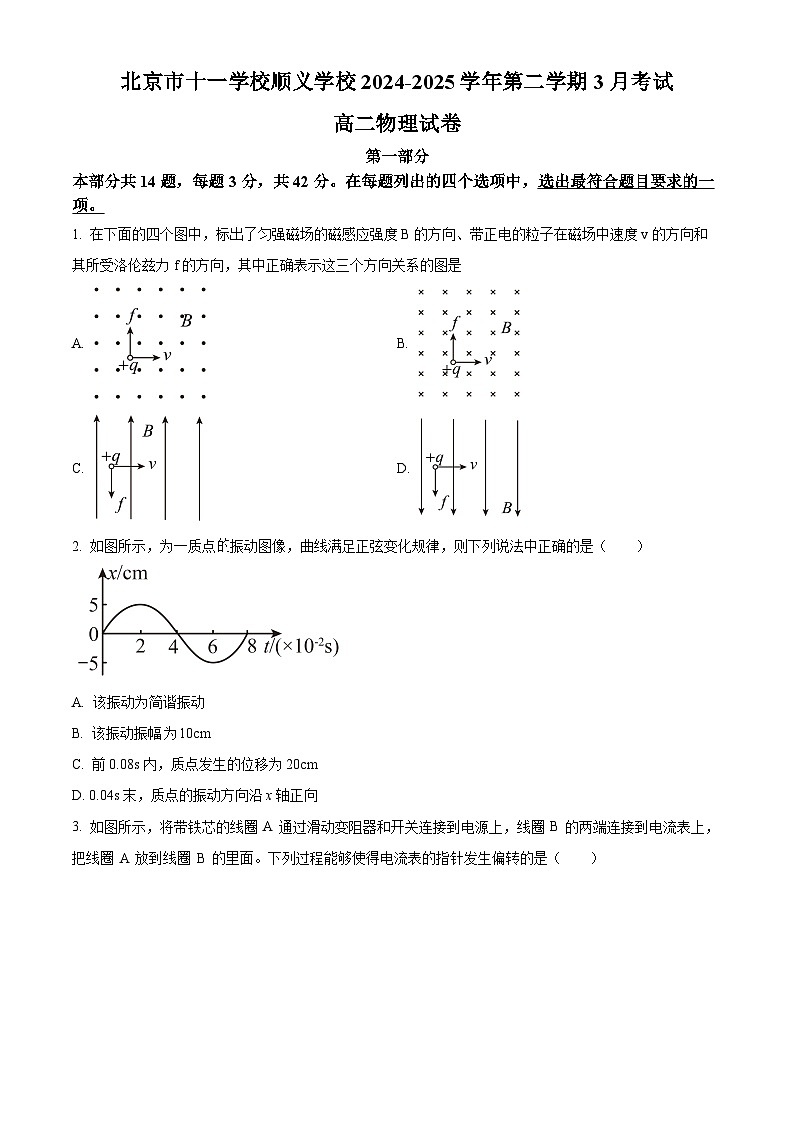 北京市十一学校顺义学校2024-2025学年高二下学期3月月考物理试卷（原卷版+解析版）第1页
