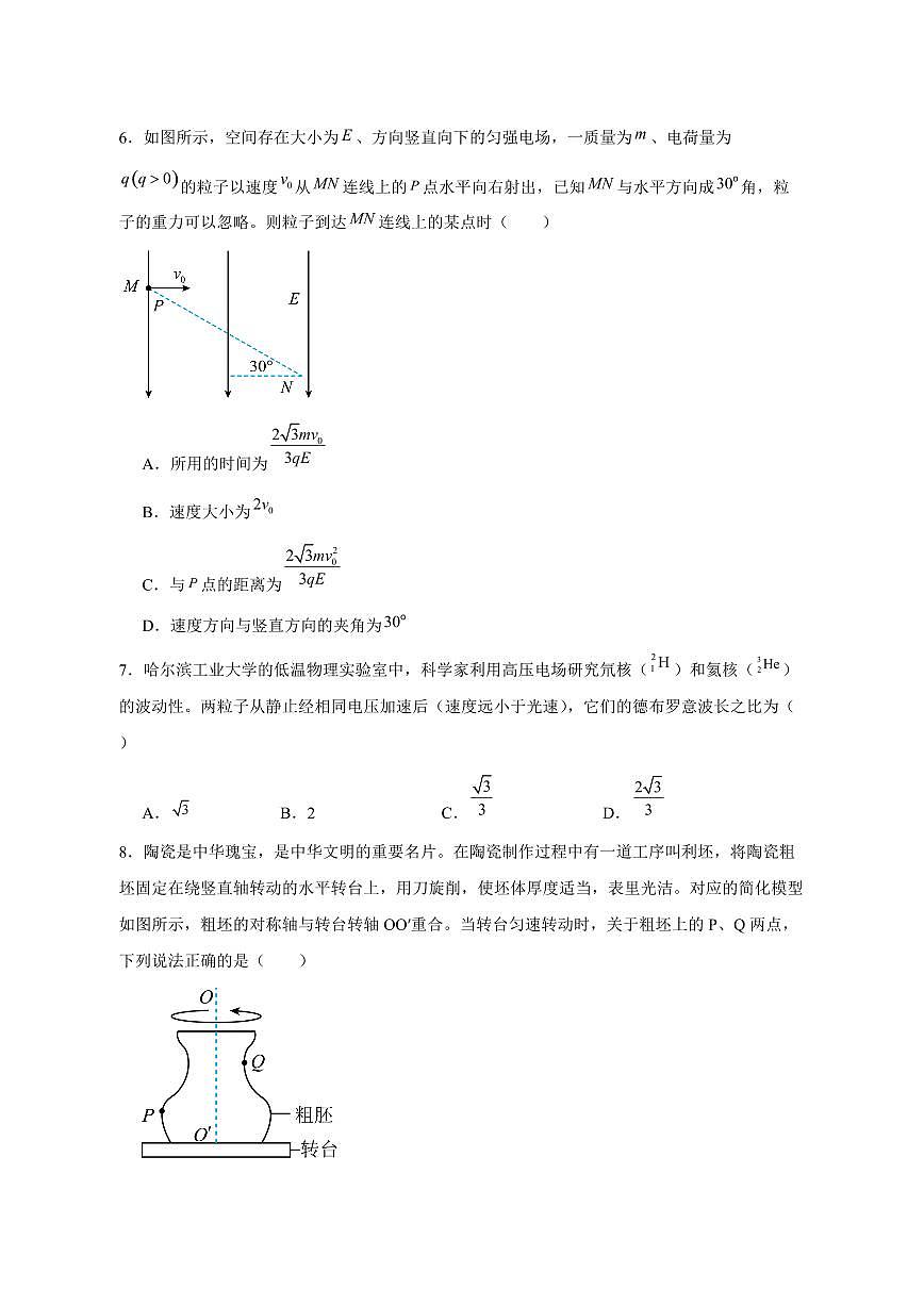 河南省驻马店2024-2025学年高三下学期4月期中物理检测试题（含答案）第3页