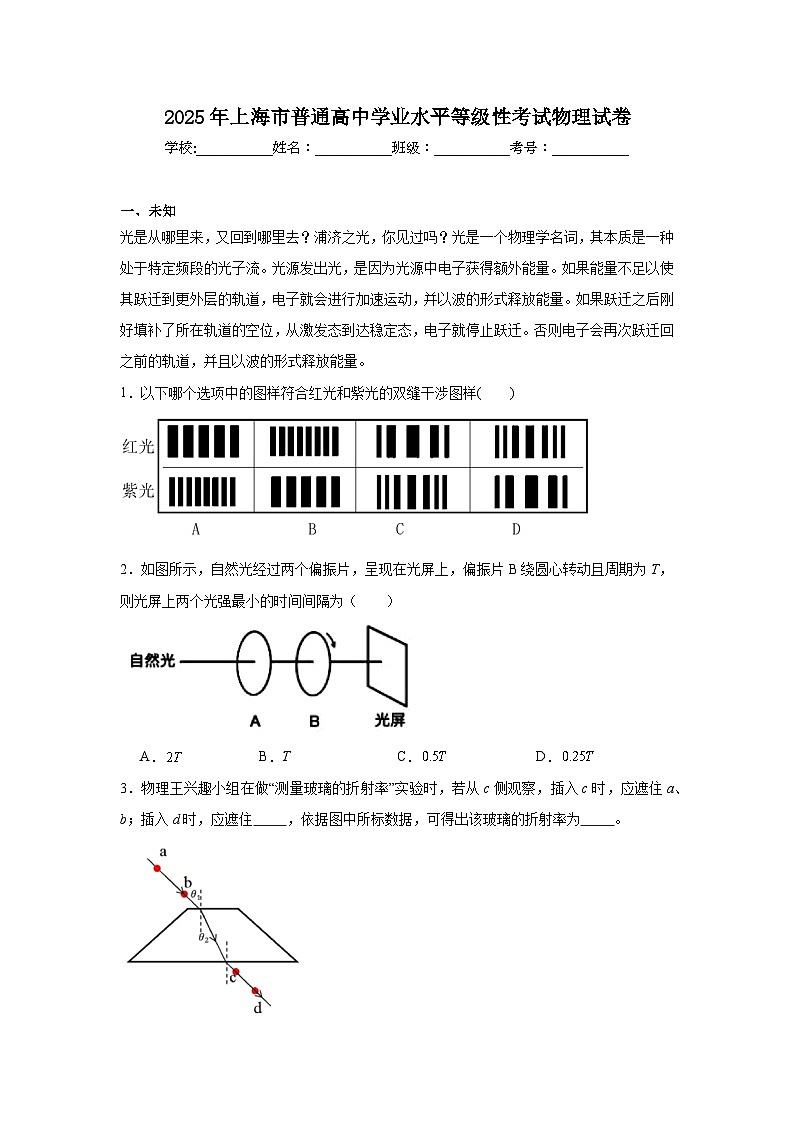 2025年上海市普通高中学业水平等级性考试物理试卷（无答案）第1页