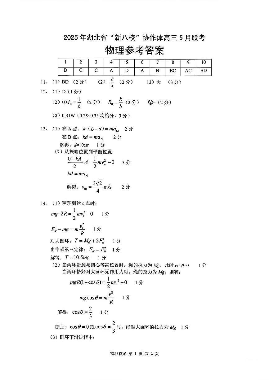 2025年湖北省“新八校”协作体高三5月联考-物理答案第1页