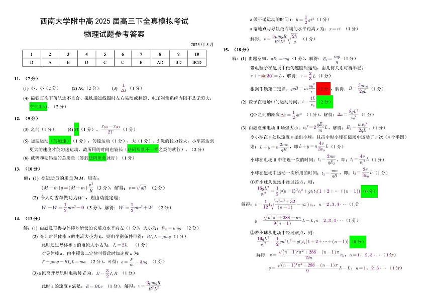 重庆市西南大学附属中学高2025届高三下全真模拟考试物理参考答案第1页