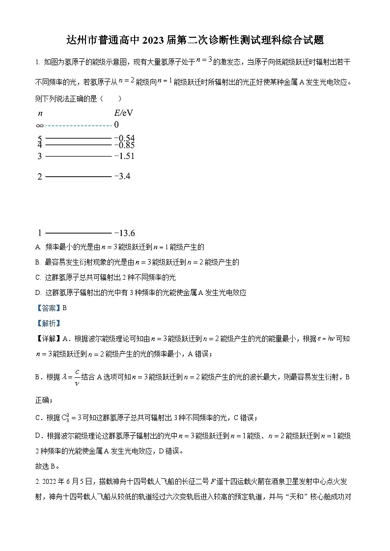 2023届四川省达州市高三下学期第二次诊断性测试理综物理试题 含解析第1页