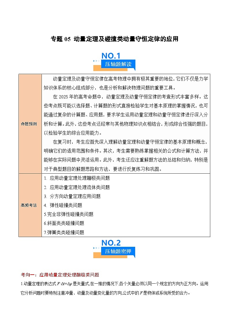 2025年高考物理压轴题（新高考通用）专题05动量定理及碰撞类动量守恒定律的应用（解析版）第1页