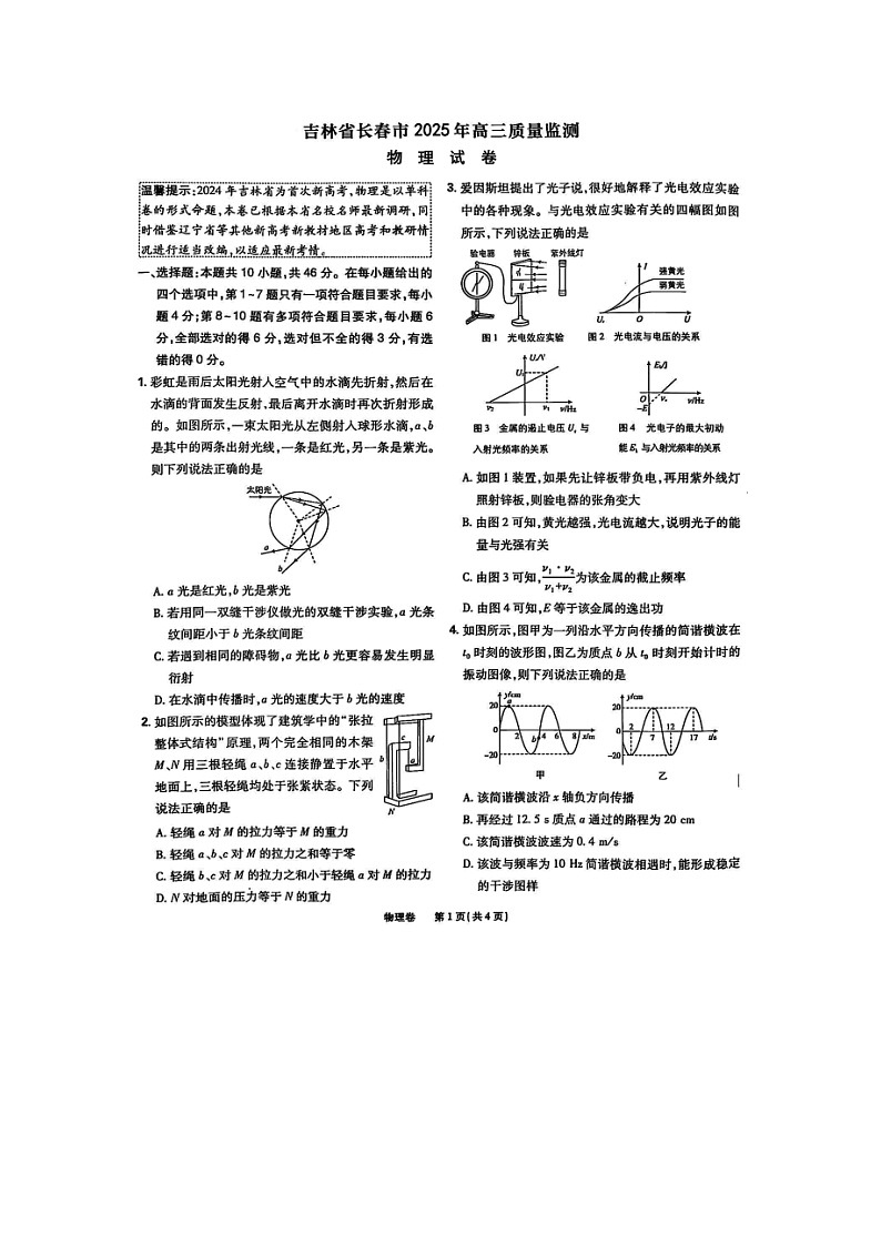 2025届吉林省长春市高三下学期质量监测（图片版）物理试卷第1页