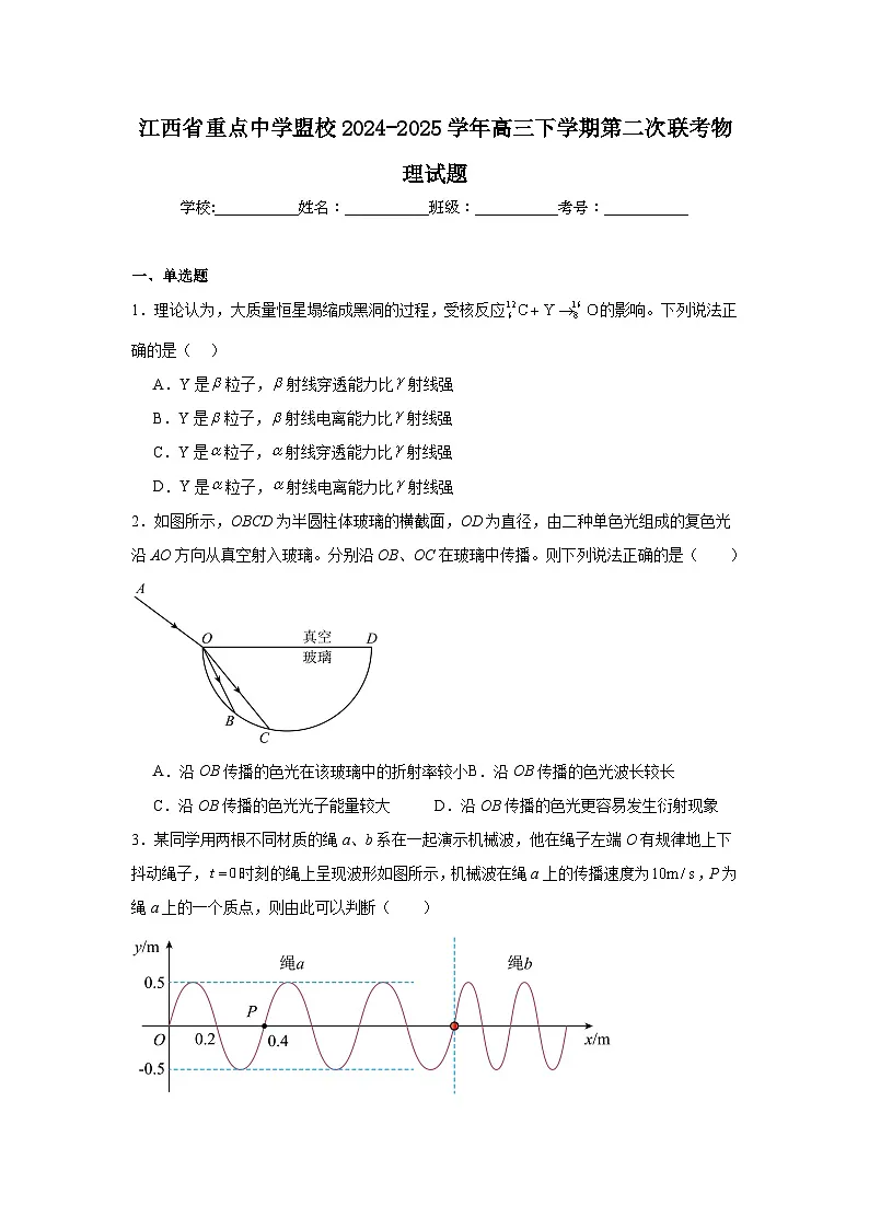 江西省重点中学盟校2024-2025学年高三下学期第二次联考物理试题（无答案）第1页