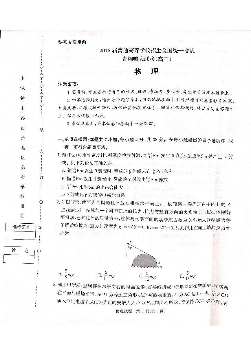 河南省青桐鸣2025届高三下学期5月大联考-物理试题+答案第1页
