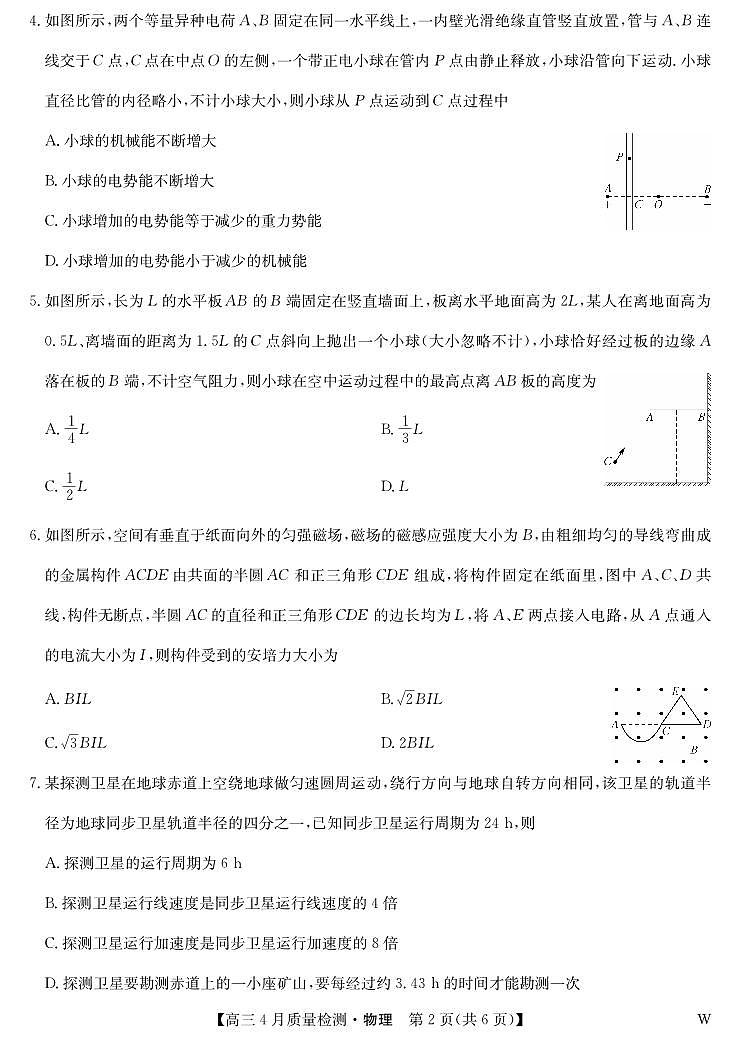湖北省九师联盟2025届高三下学期4月质量检测（W）-物理试题+答案第2页