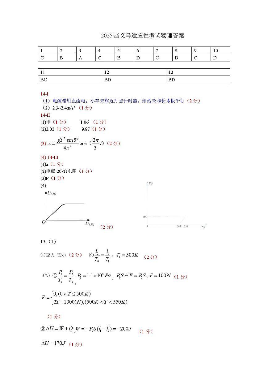 2025届浙江金华市义乌市高三下学期三模物理答案第1页