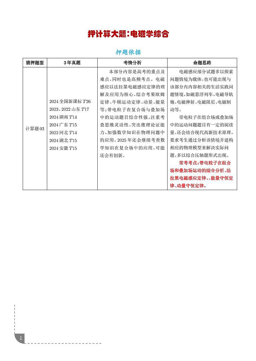 押计算大题 电磁学计算题（学生版）第1页