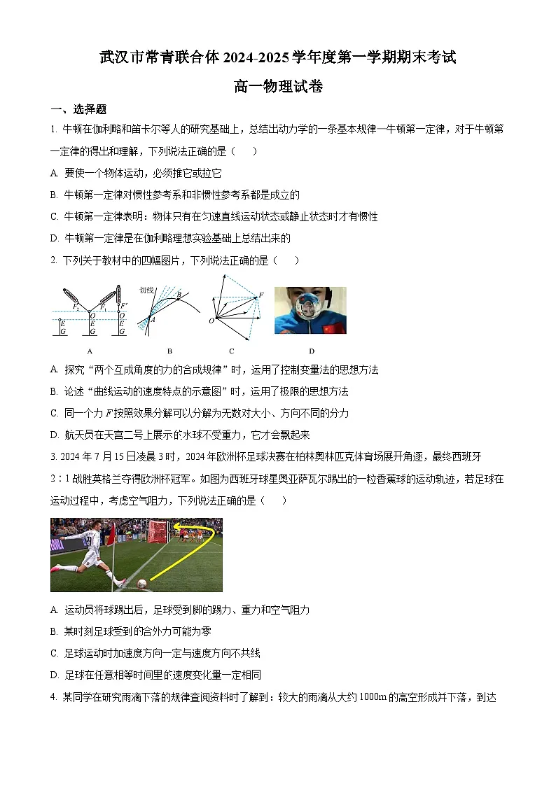 湖北省武汉市常青联合体2024-2025学年高一上学期1月期末考试物理试卷（原卷版+解析版）第1页