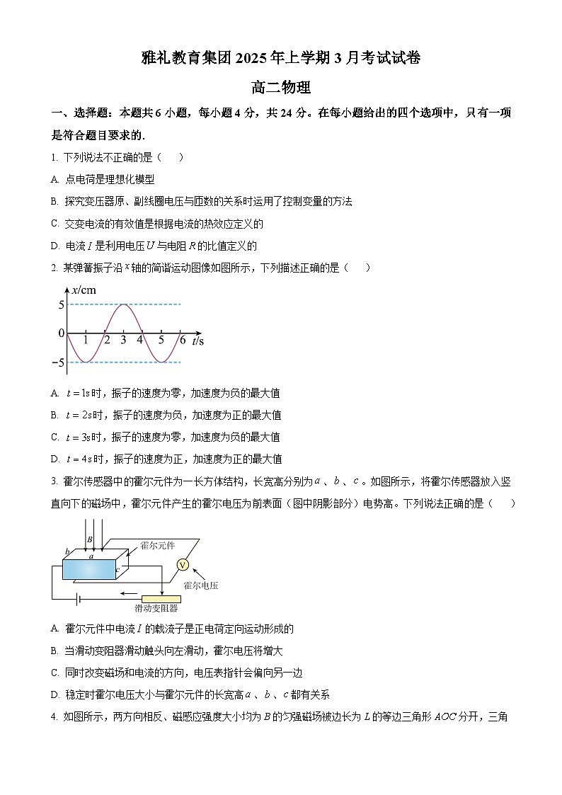 湖南省长沙市雅礼集团2024-2025学年高二下学期3月月考物理试卷（原卷版+解析版）第1页