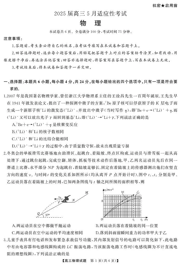 湖南省天壹名校联盟2025届高三5月适应性考试物理第1页