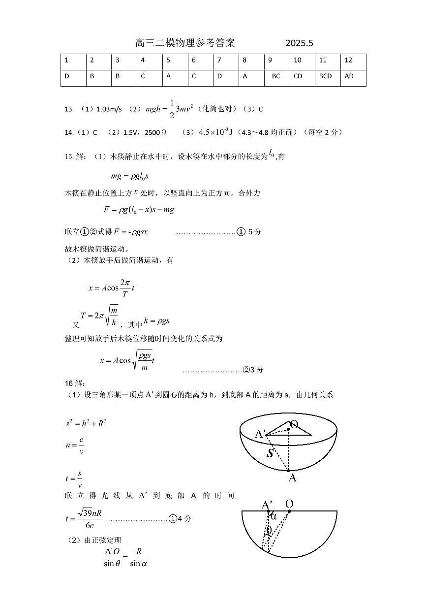 山东省菏泽市2025年高三二模考试物理答案第1页