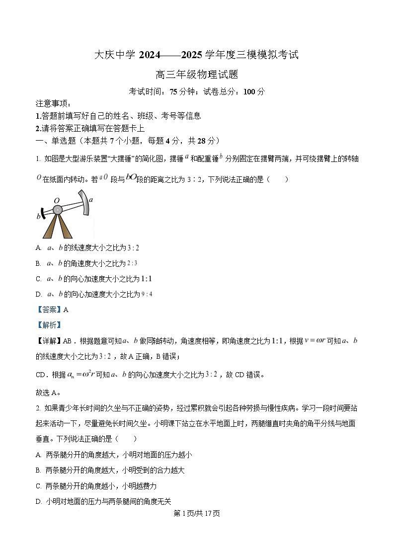2025届黑龙江省大庆市大庆中学高三下学期第三次模拟考试物理试题 含解析第1页
