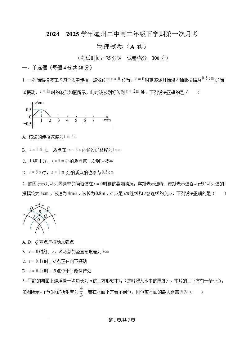 安徽省亳州市第二完全中学2024-2025学年高二下学期第一次月考物理试卷（A卷）（原卷版）第1页