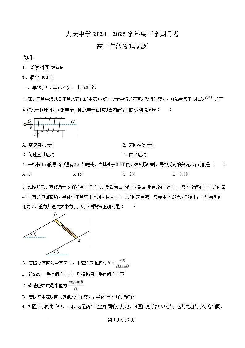黑龙江省大庆市大庆中学2024-2025学年高二下学期4月月考物理试题（原卷版）第1页
