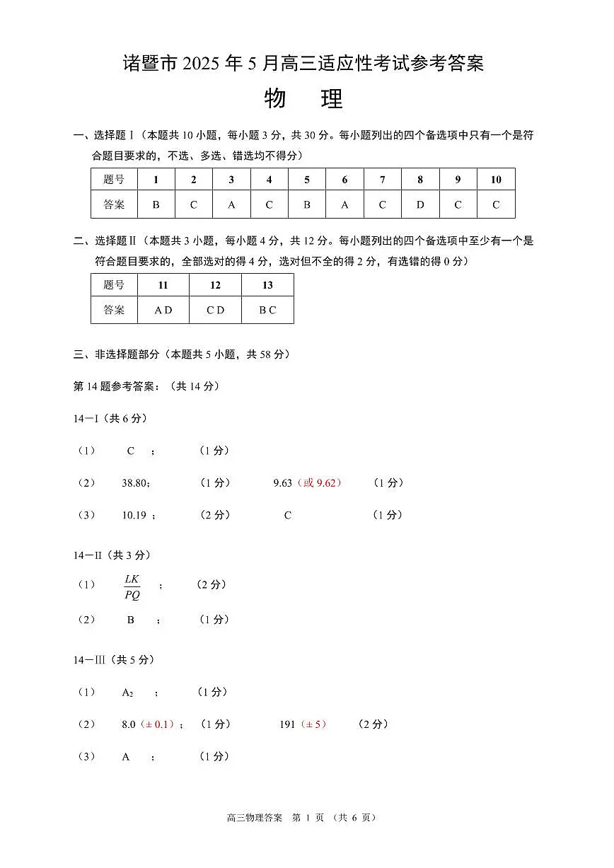 浙江省诸暨市2025年5月高三适应性考试-物理答案第1页
