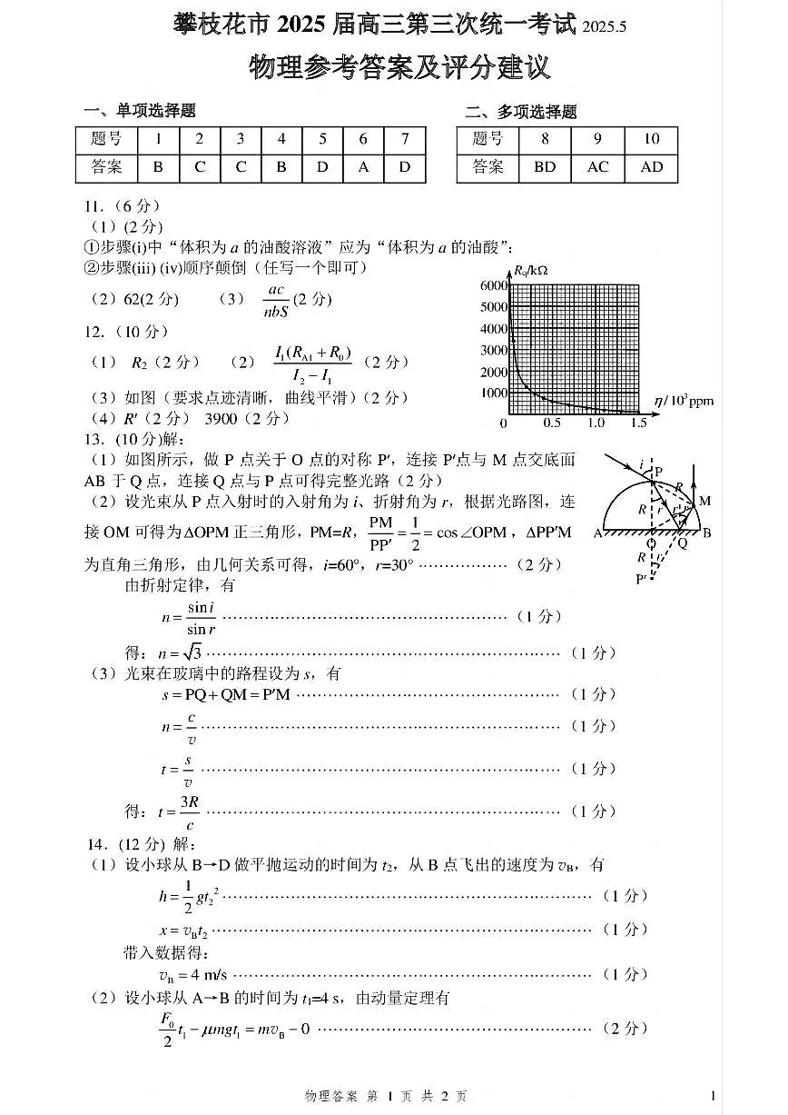 四川省攀枝花市2025届高三第三次统一考试物理答案第1页