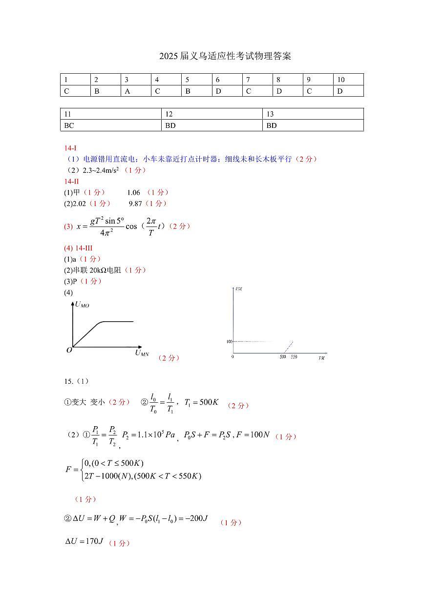 2025年金华市义乌市高三三模-物理答案第1页