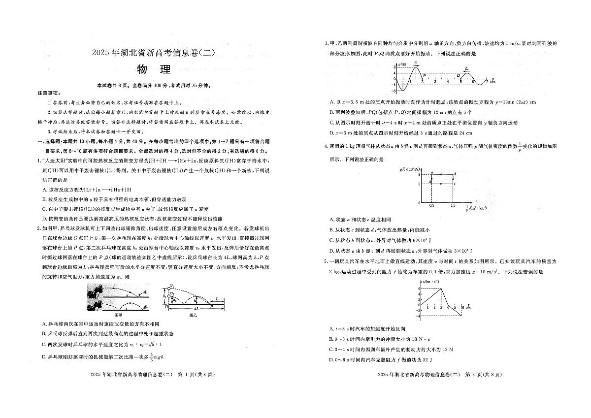 2025年湖北省新高考信息卷（二）物理第1页