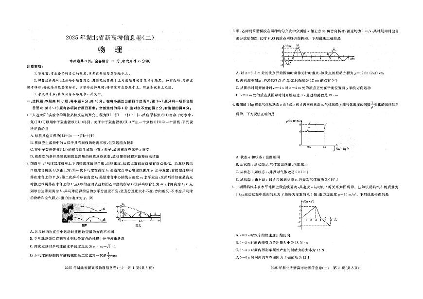 2025年湖北省新高考信息卷（二）物理第1页