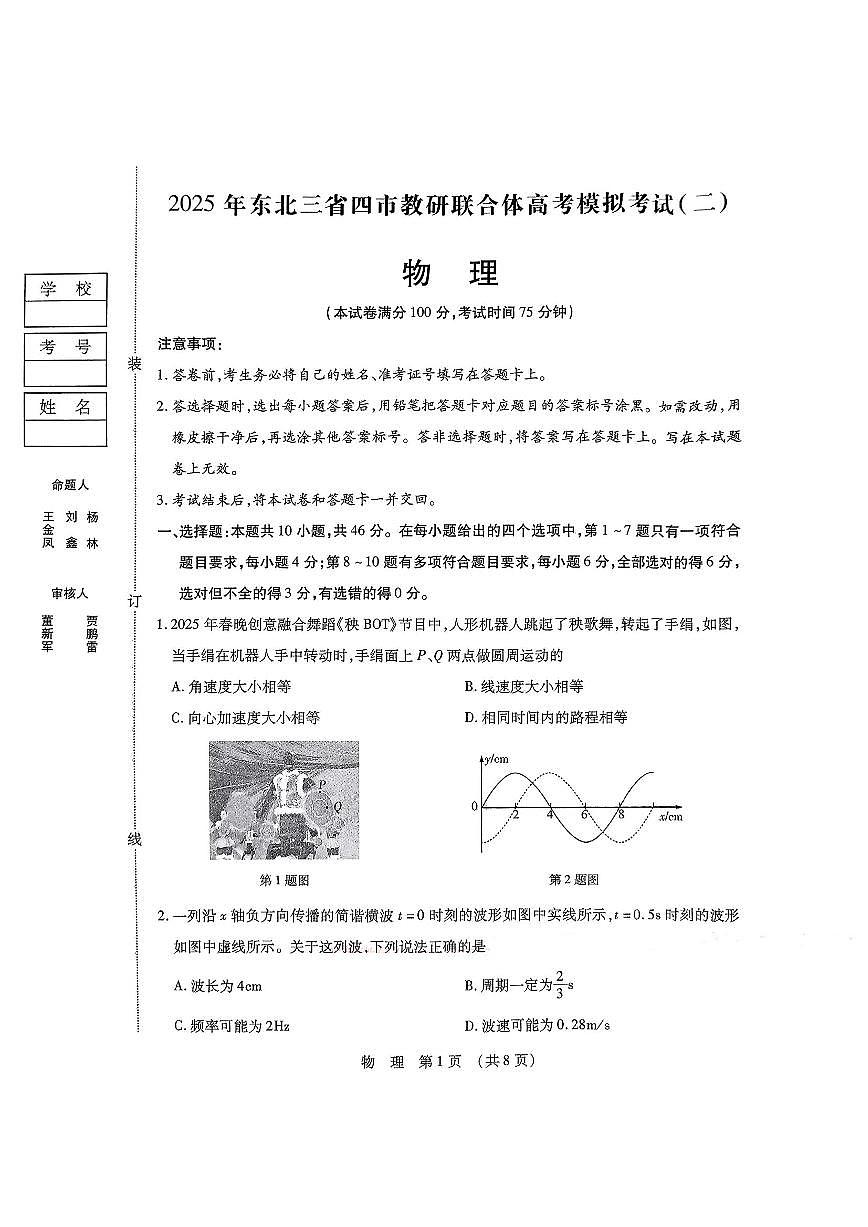 2025年东北三省四市教研联合体高考模拟试题（二）物理第1页