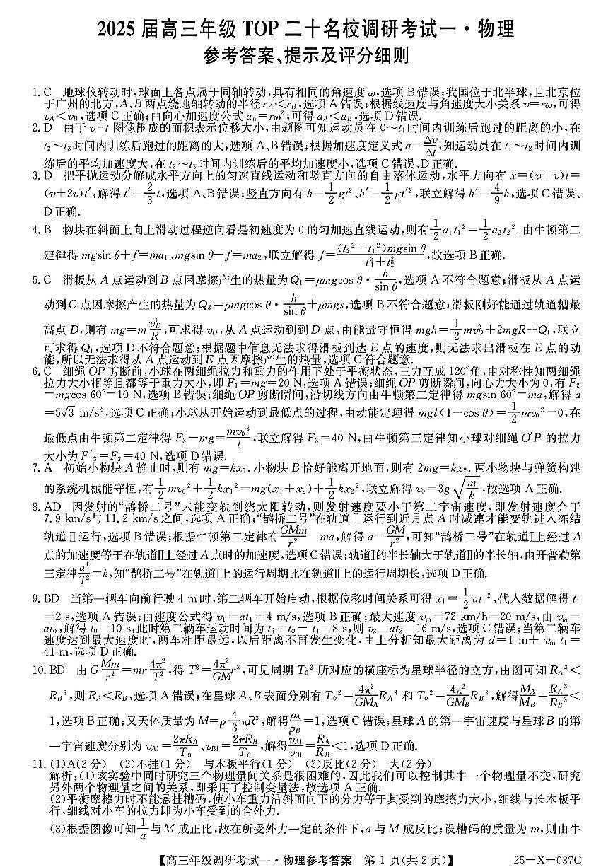 河南省TOP二十名校2024-2025学年高三上学期调研考试物理（含答案）第1页