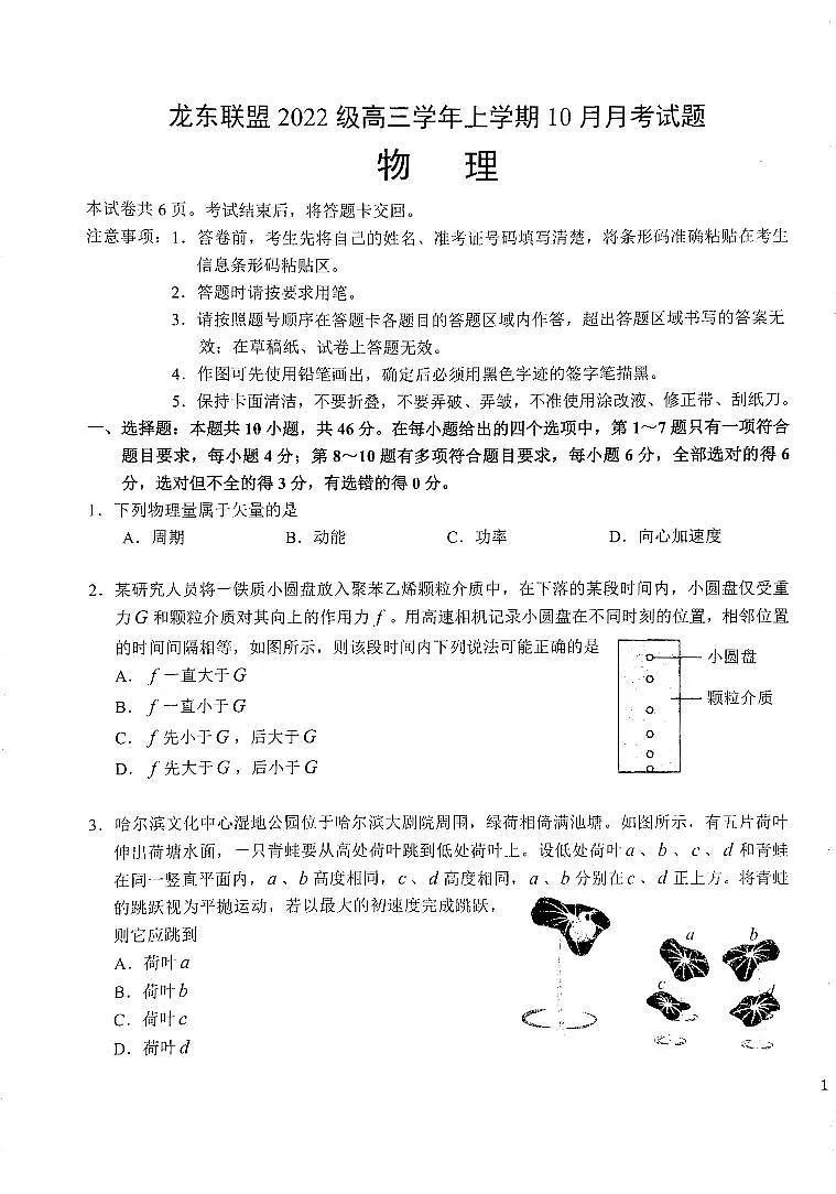 黑龙江省龙东联盟2024-2025学年高三上学期10月月考物理试卷（含答案）第1页