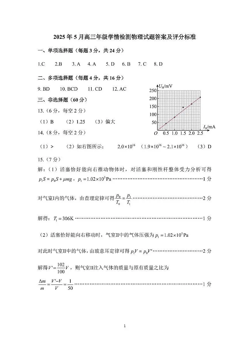 2025届济南二模物理答案第1页