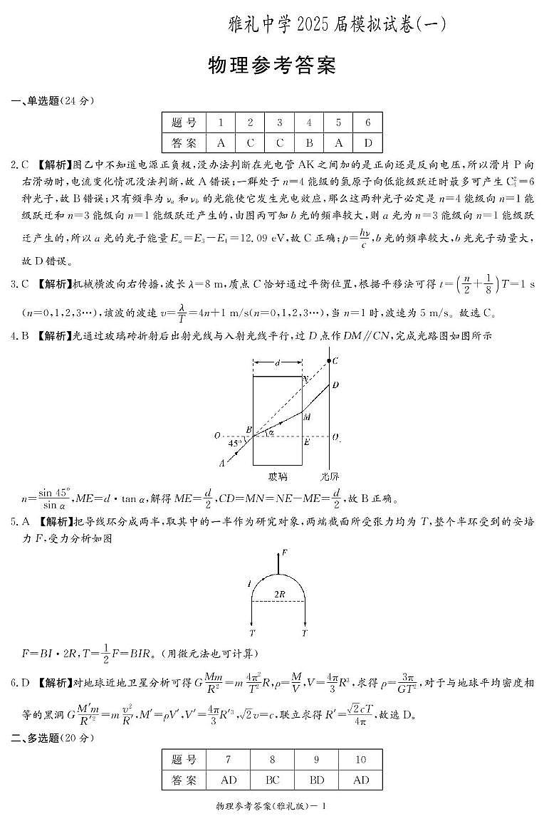 2025届长沙市雅礼中学高三下模拟试卷一物理 物理答案（雅礼9次一模）第1页
