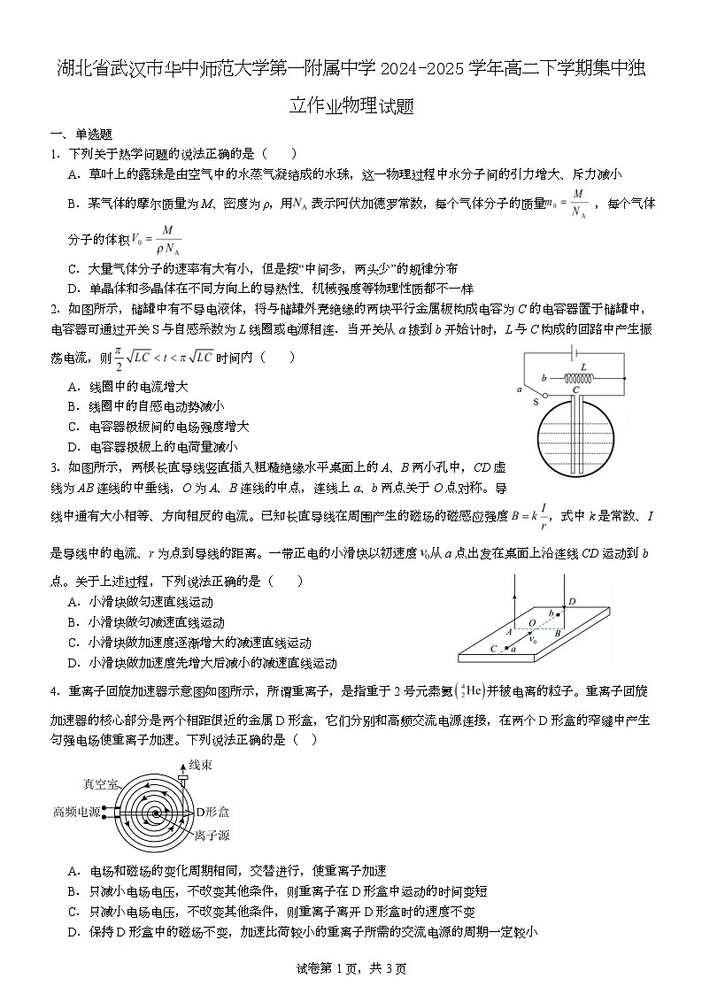 湖北省武汉市华中师范大学第一附属中学2024-2025学年高二下学期集中独立作业物理试卷（Word版附解析）第1页