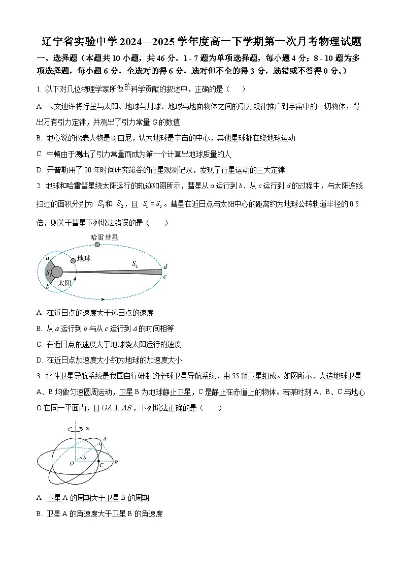 辽宁省实验中学2024-2025学年高一下学期第一次月考物理试题（原卷版+解析版）第1页