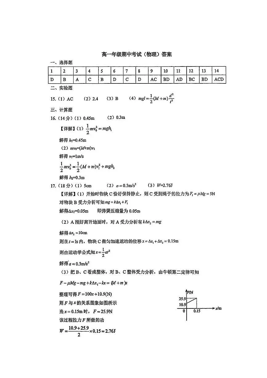 东北师大附中2024-2025学年高一下学期期中考试物理答案第1页