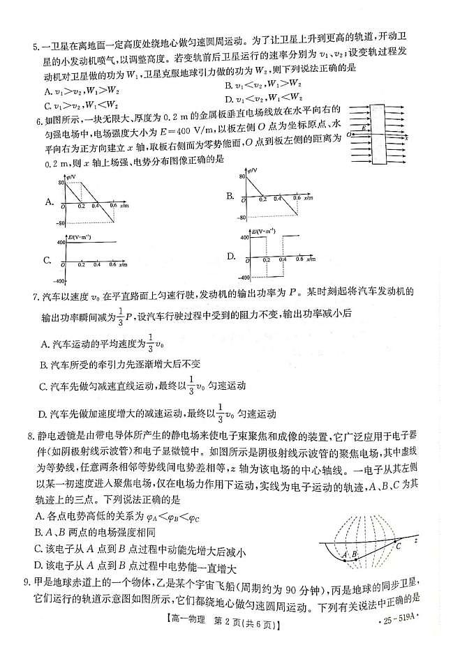 江苏百校联考2025年5月第二学期高一 物理第2页
