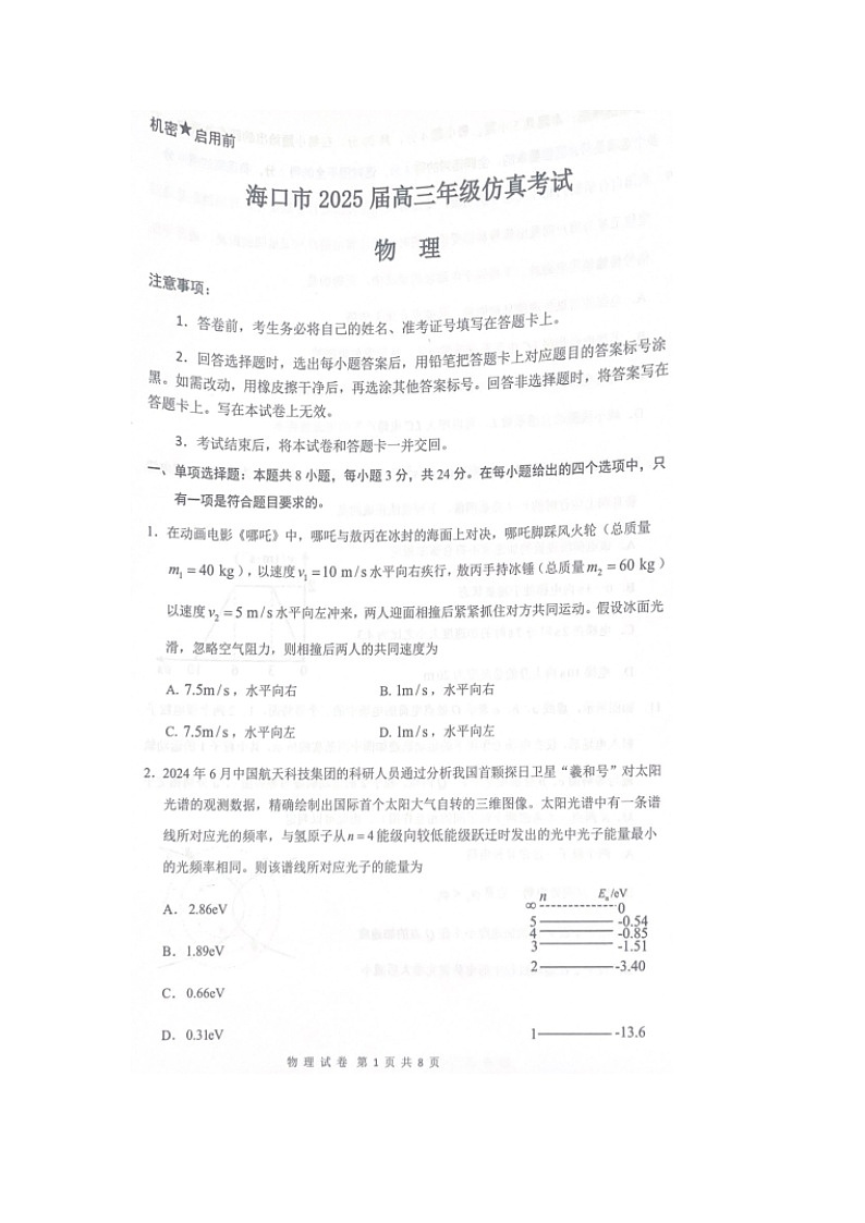 2025届海南省海口市高三下学期仿真考试物理（图片版）试题第1页