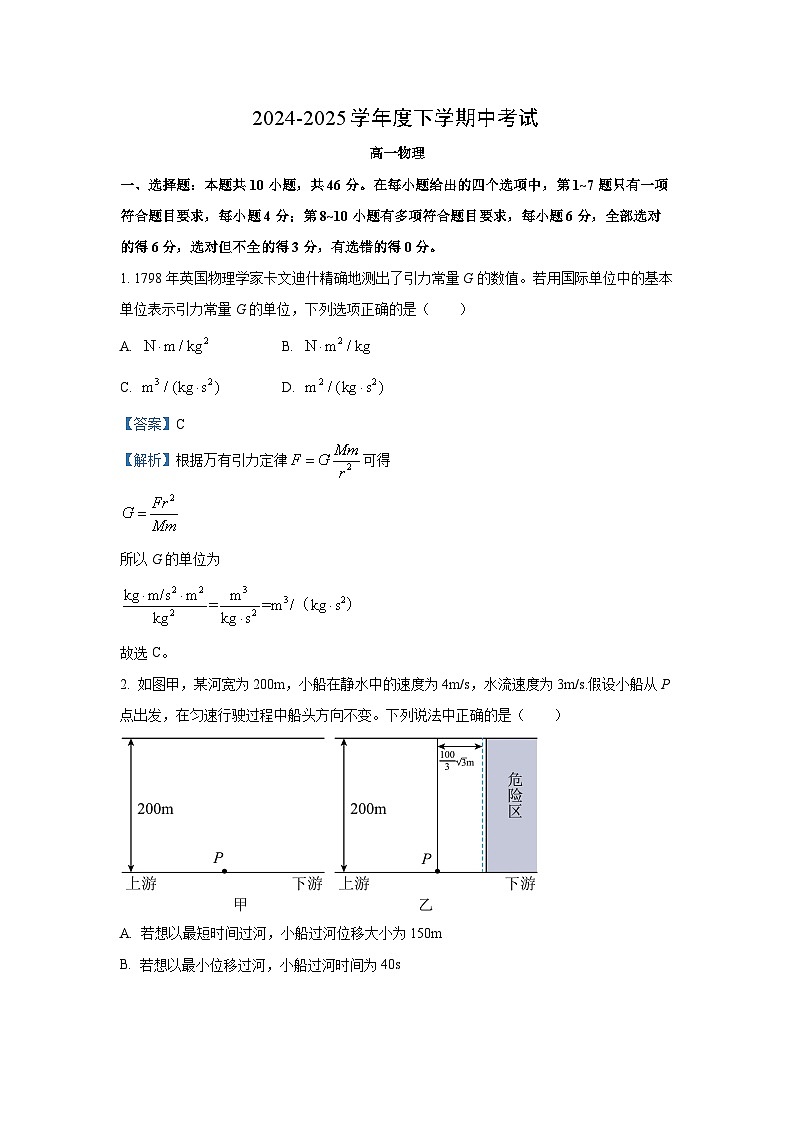 河北省保定市名校联盟2024-2025学年高一下学期4月期中物理试题（解析版）第1页